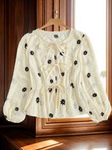 SHEIN MOOSTA 大码女式春夏可爱花卉刺绣前系带衬衫 - 杏色 - 查看 7