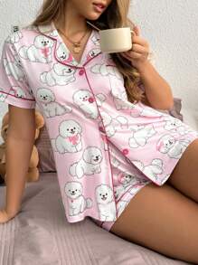SweetSlumber 2 piezas Conjunto de pijama casual con collar lindo de cachorro para mujer
