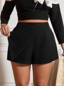 SHEIN Frenchy Fashionable Simple Black 2 In 1 Plus Size Shorts, High Waist, Suitable For Party, Commuting, Office And Other Occasions, Pair With Long Jacket And Boots - Black - View 6