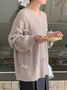 DAZY Áo len dệt kim màu trơn cổ chữ V dáng rộng dành cho nữ, quần áo mùa thu dành cho nữ - Màu be - Xem 8
