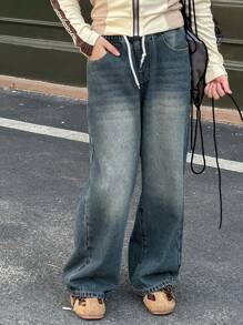 Dazy Kids Jeans a zampa con gamba ampia, vita morbida e tasche con coulisse per ragazze pre-adolescenti