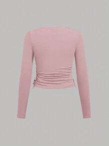 SHEIN 3pcs Tween Girls' Casual Solid Color Knit Crew Neck Long Sleeve Tops - Baby Pink - View 5