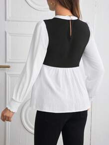 SHEIN Maternity Long Sleeve Shirt, Spring And Summer New Fashion Casual Contrast Color Patchwork Design - Black and White - View 2