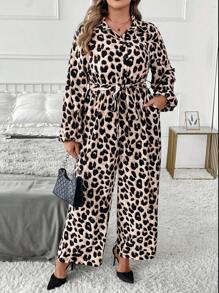 SHEIN Clasi Macacão casual plus size com botões frontais e manga comprida com nó torcido e estampa de leopardo - Multicolorido - Ver 4