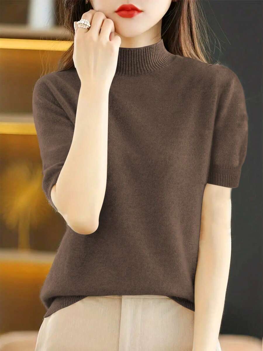 EMERY ROSE Women's Solid Color Stand Collar Short Puff Sleeve Casual Knit Sweater Top, Autumn/Winter - Coffee Brown - View 1