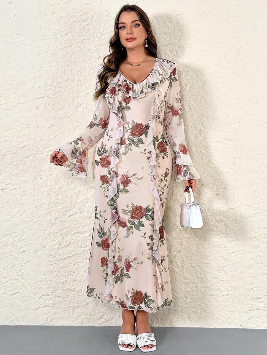 SHEIN Privé Plus Size Women Romantic Ruffle Floral Print Long Sleeve Pink French Romantic Ruffle Dress - Multicolor - View 1