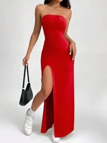 SHEIN PETITE Vestido ceñido con abertura en el muslo sin tirantes de unicolor para mujer - Rojo - Ver 4