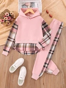 SHEIN Vintaside Kids 青少年女孩格子拼布连帽衫和裤子休闲两件套服装 - 粉色 - 查看 1