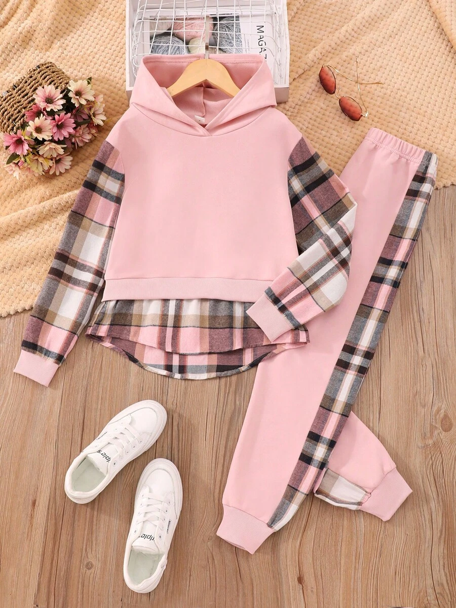 SHEIN Vintaside Kids 青少年女孩格子拼布连帽衫和裤子休闲两件套服装 - 粉色 - 查看 1