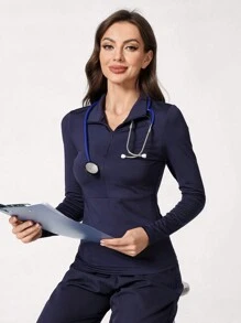 TaskEZ Women's Long Sleeve Turtleneck High Stretch Warm Base Scrub Uniform Top, Fashionable And Slimming - Navy Blue - View 4