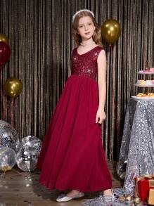 Elegante y lujoso vestido largo sin mangas de color borgoña para niñas, adecuado para Navidad, Halloween, fiestas formales, cumpleaños, actuaciones y otros festivales - Burdeos - Ver 6