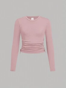 SHEIN 3pcs Tween Girls' Casual Solid Color Knit Crew Neck Long Sleeve Tops - Baby Pink - View 4