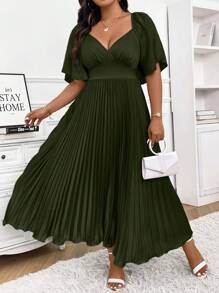 SHEIN Clasi Plus Size Mint Green V-Neck Ruffle Midi Dress With Puff Sleeves Women Outfit - Wojskowa Zieleń - Zobacz 6