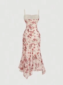 SHEIN MOD Women's Floral Print Pleated Front Waist Asymmetrical Hem Camisole Dress,Elegant Women Dresses,Homecoming Dresses,Asymmetrical Dress,Bridesmaid Dress,Brunch Women Outfit, Festival Dress,Wedding Dress Guest