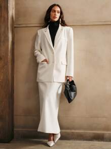 Anewsta 法式简约宽松西装外套和 A 字裙职业套装 - 白色 - 查看 6