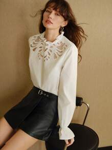 MOTF STUDIO FRILL MOCK NECK EMBROIDERY LASER CUT FLARE SLEEVE BLOUSE