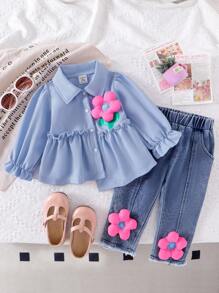 SHEIN 2pcs/Set Baby Girls' Asymmetrical Pattern Shirt + Denim Pants Outfit