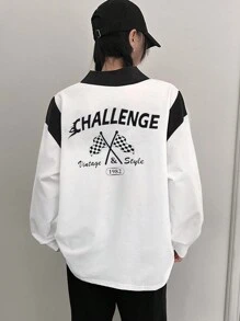 DAZY 女款拼色字母印花翻領運動衫，秋季校園穿搭 - 黑與白 - 查看 3