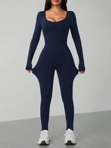 SHEIN PETITE Spring Scoop Neck  Long Sleeve Jumpsuit - Navy Blue - View 7