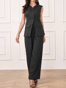 Seusyu Bộ 2 món/Bộ Áo Vest Sọc Thường Ngày Và Quần Mùa Hè Cho Nữ Bộ 2 Món - màu đen - Xem 3