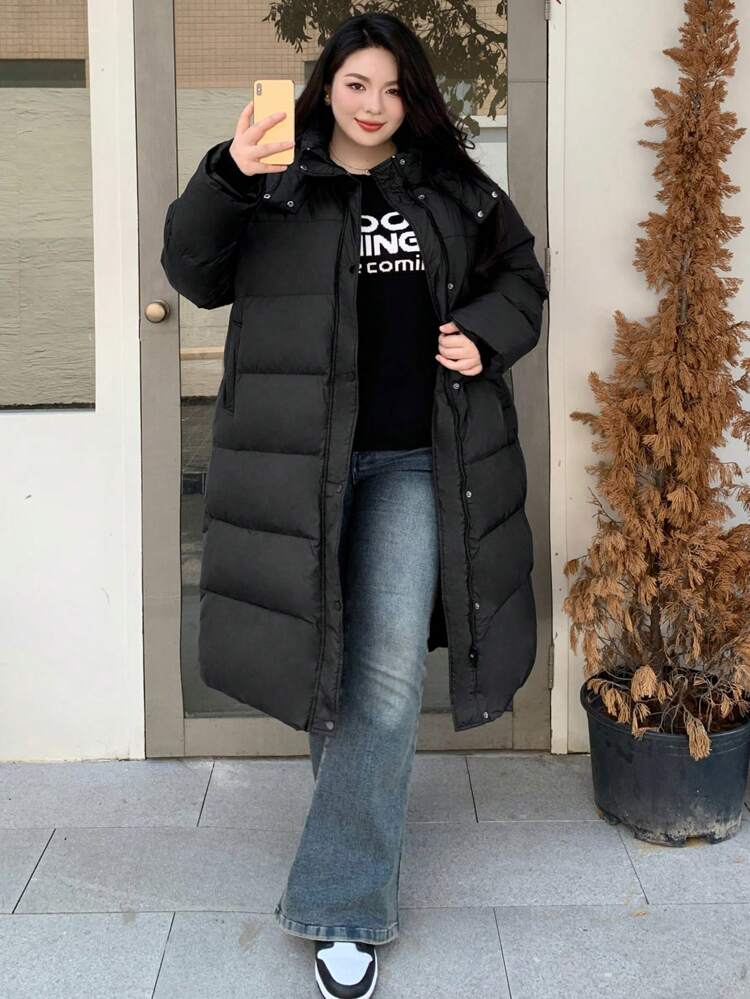 Dazy Plus Plus Size Women Solid Color Thick Hooded Long Warm Padded Coat, Winter Clothes