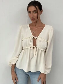 Aloruh Romantic Date V-Neck Tie-Up Ruched Flare Sleeve Loose Blouse For Women,Long Sleeve Tops