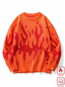 Manfinity Hypemode Men's Flame Print Crewneck Long Sleeve Sweater - Orange - View 1