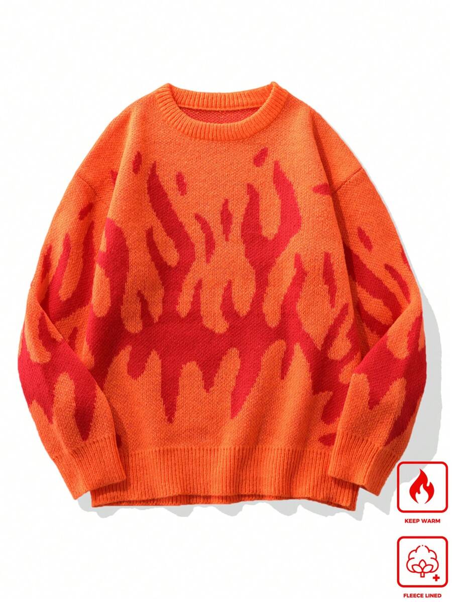 Manfinity Hypemode Men's Flame Print Crewneck Long Sleeve Sweater - Orange - View 1