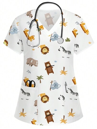 PopScrub Färgglada djur- och växttryck med V-ringad kortärmad enhetlig topp, skrubbtoppar