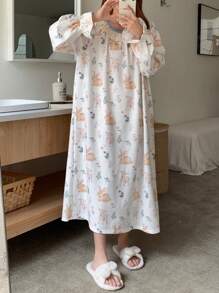 DAZY Nachthemd met bloemenruffle en dierenprint