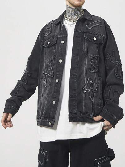Manfinity LEGND Men's Loose Fit Letter Applique Basic Plain Dark Denim Jacket, Spring Autumn, For Going Out