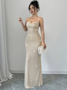 Firerie Đầm bodycon hở lưng lấp lánh gợi cảm thanh lịch cho nữ, dài đến giữa bắp chân, dự tiệc, sự kiện - Màu be - Xem 7