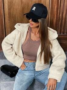 GENKIRA Áo khoác lông trùm đầu đơn giản dài tay cỡ lớn thu đông cho nữ - Màu be - Xem 5