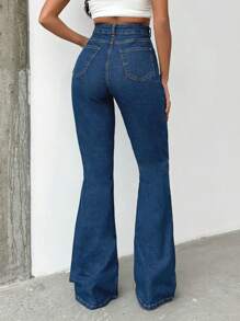 SHEIN Tall 98% CottonHIGH RISE FLARED LONG BLACK JEANS TALL - Medium Wash - View 2
