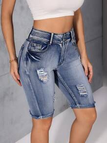 Breezaya Women's Casual Washed Distressed Skinny Denim Shorts - Dark Wash - View 7