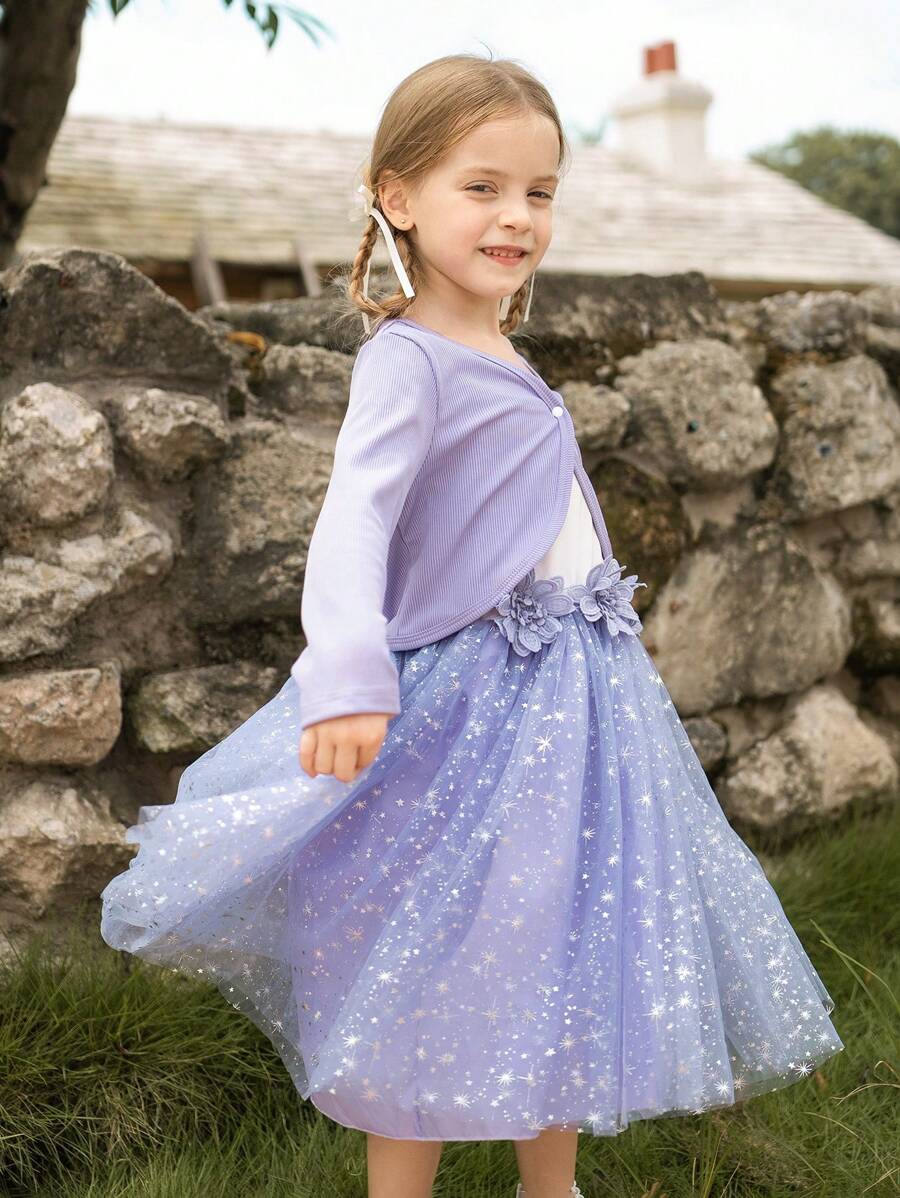 Young Girls Button Front Ribbed Jacket And Floral Embroidered Mesh