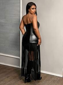 Slaydiva Plus Size Women's Black PU Bandeau Fringe Dress