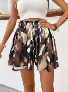 Breezaya Women's Holiday Ruffle Waist Tie Allover Print Random Cut Shorts - Coffee Brown - View 4