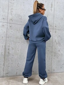 Cottnline Letter Printed Long Sleeve Hoodie And Sweatpants Set - Blue - View 2