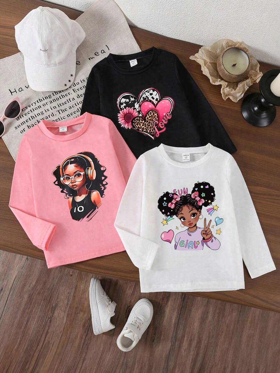 SHEIN Bộ 3 Áo thun dài tay cổ tròn in họa tiết thường ngày cho bé gái - Nhiều màu - Xem 1