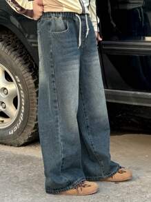 Dazy Kids Jeans a zampa con gamba ampia, vita morbida e tasche con coulisse per ragazze pre-adolescenti