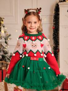 Maglione natalizio per giovani ragazze con disegni di orso, cuore, disegno Fair Isle e pompon - morbido, caldo, confortevole, collo equipaggio, manica raglan per vacanze, feste, strati - maglione lavorato a maglia per autunno/inverno