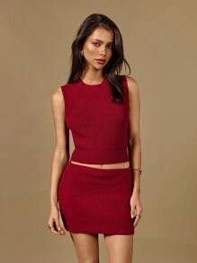 Poéselle Women's Red Sweater Sets Sleeveless Sweater Vest And Knit Mini Skirt Set, Fall/Summer Elegant Wedding Women Set Birthday Outfit Women Basics Vintage Romance Set Halloween Costume Office Wear
