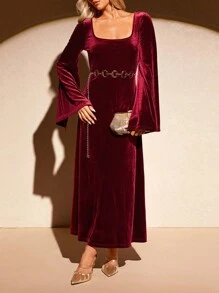 SHEIN Clasi Robe bordeaux polyvalente et à la mode avec décolleté en U pour femmes, automne/hiver - Rouge foncé - Voir 5