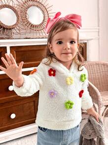 SHEIN Baby Girl' Thick & Warm White Fleece Floral Hooded Casual Sweatshirt For Winter - Multicolor - View 4