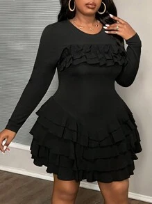 Slaydiva Plus Size Solid Color Knit Ruffle Trim Elegant Dress