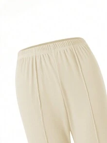 SHEIN Bộ 2 món/bộ áo thun ngắn tay cổ tròn màu trơn mùa hè cho bé gái tuổi teen và quần dài - Màu be - Xem 5