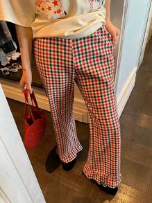INAWLY 女式格子印花荷叶边下摆直筒裤