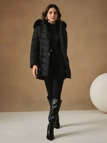 Anewsta Women's Mid-Length Minimalist Style Hooded Jacket - Black - View 6