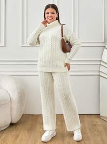 RueChic Plus Cable Knit 2 Piece Sweater And Pants - White - View 1